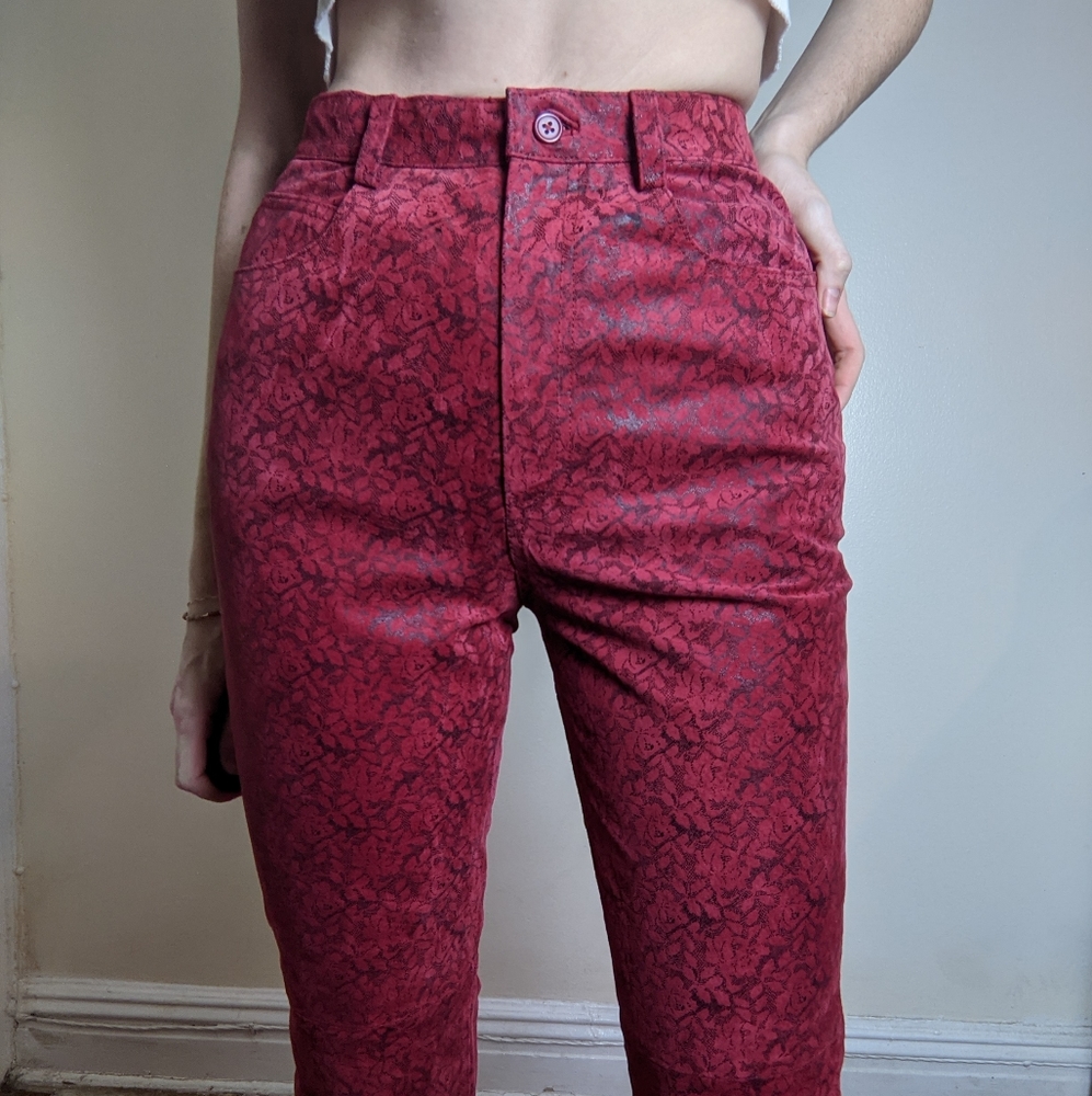 Vintage Red Leather floral pattern High Waisted Pants